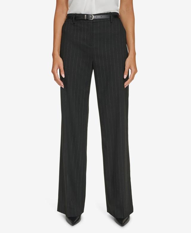 Calvin Klein Womens Pinstripe Belted Wide Leg Pants Product Image