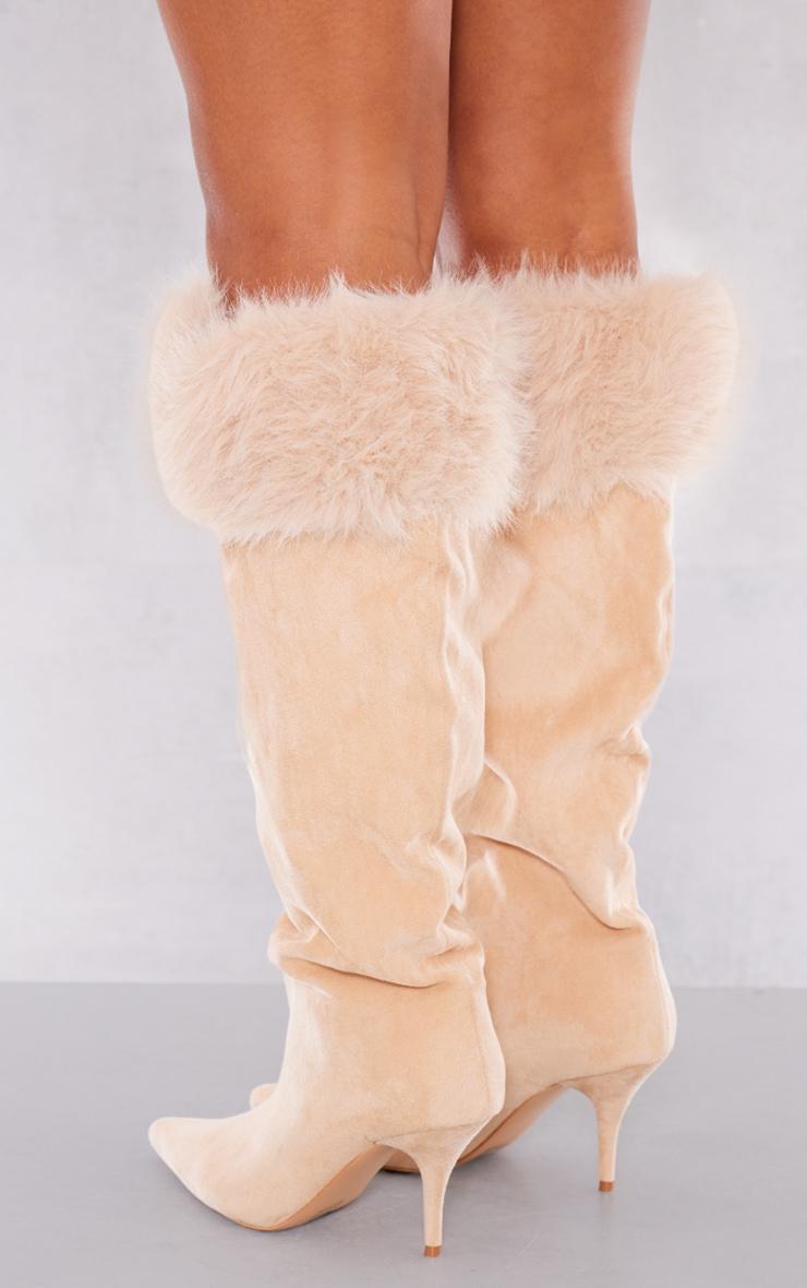 Camel Wide Fit Faux Suede Point Toe Faux Trim Knee High Heeled Boots Product Image