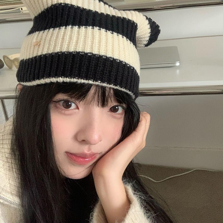 Cat Ear Striped Knit Beanie Product Image