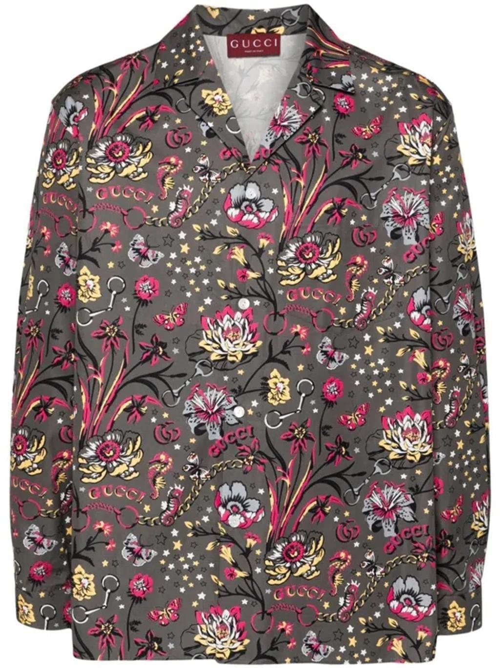 GUCCI Punk Floral-print Cotton Shirt In Grey Product Image