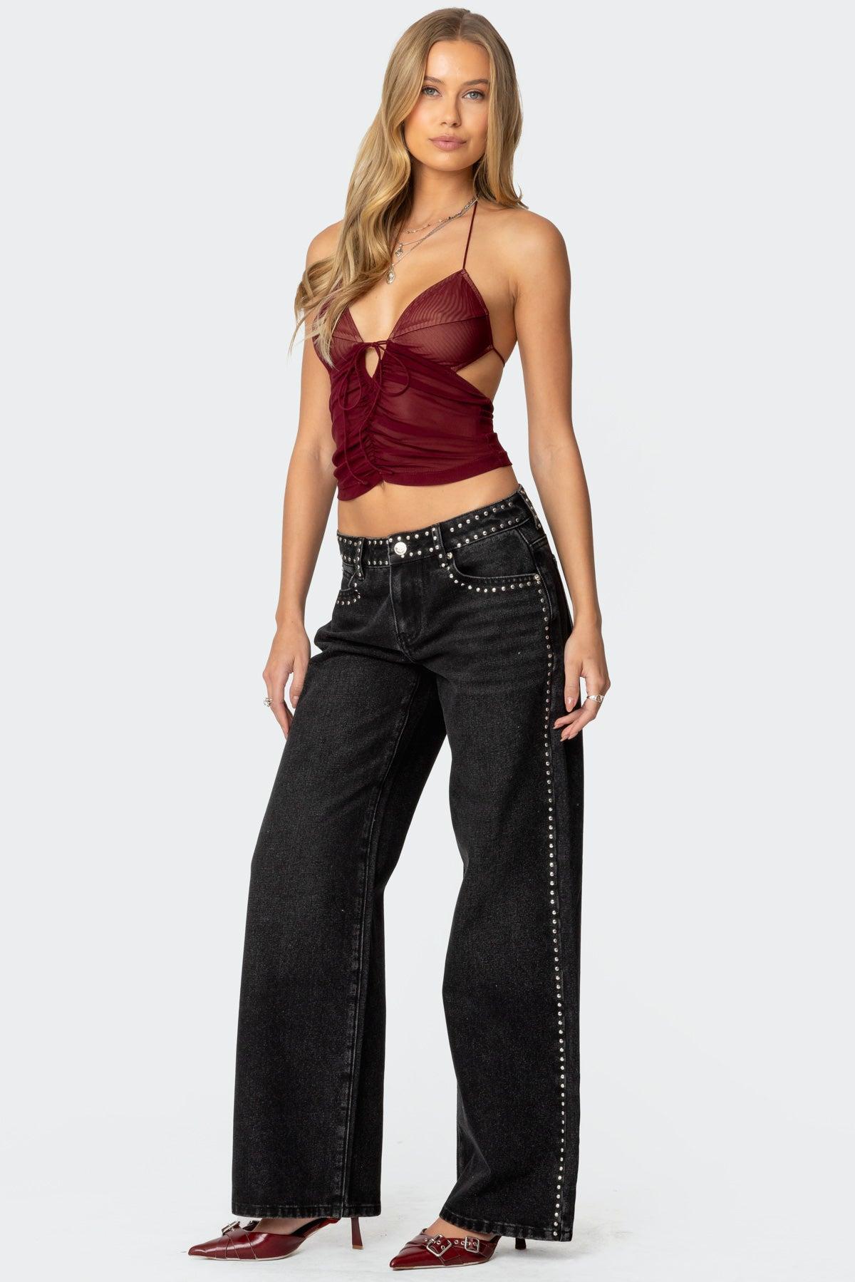 Strappy Ruched Mesh Top Product Image