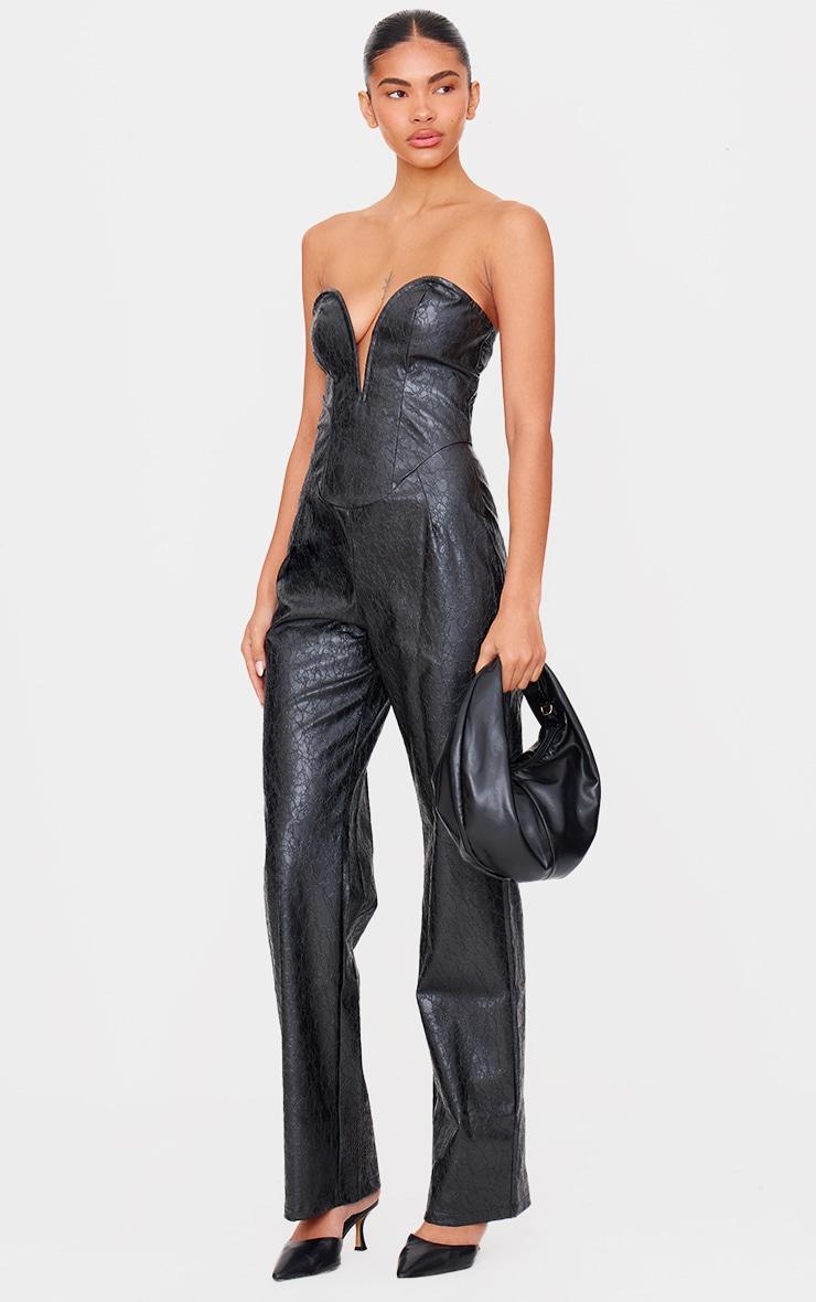 Black Croc Faux Leather Bandeau Plunge Straight Leg Jumpsuit Product Image