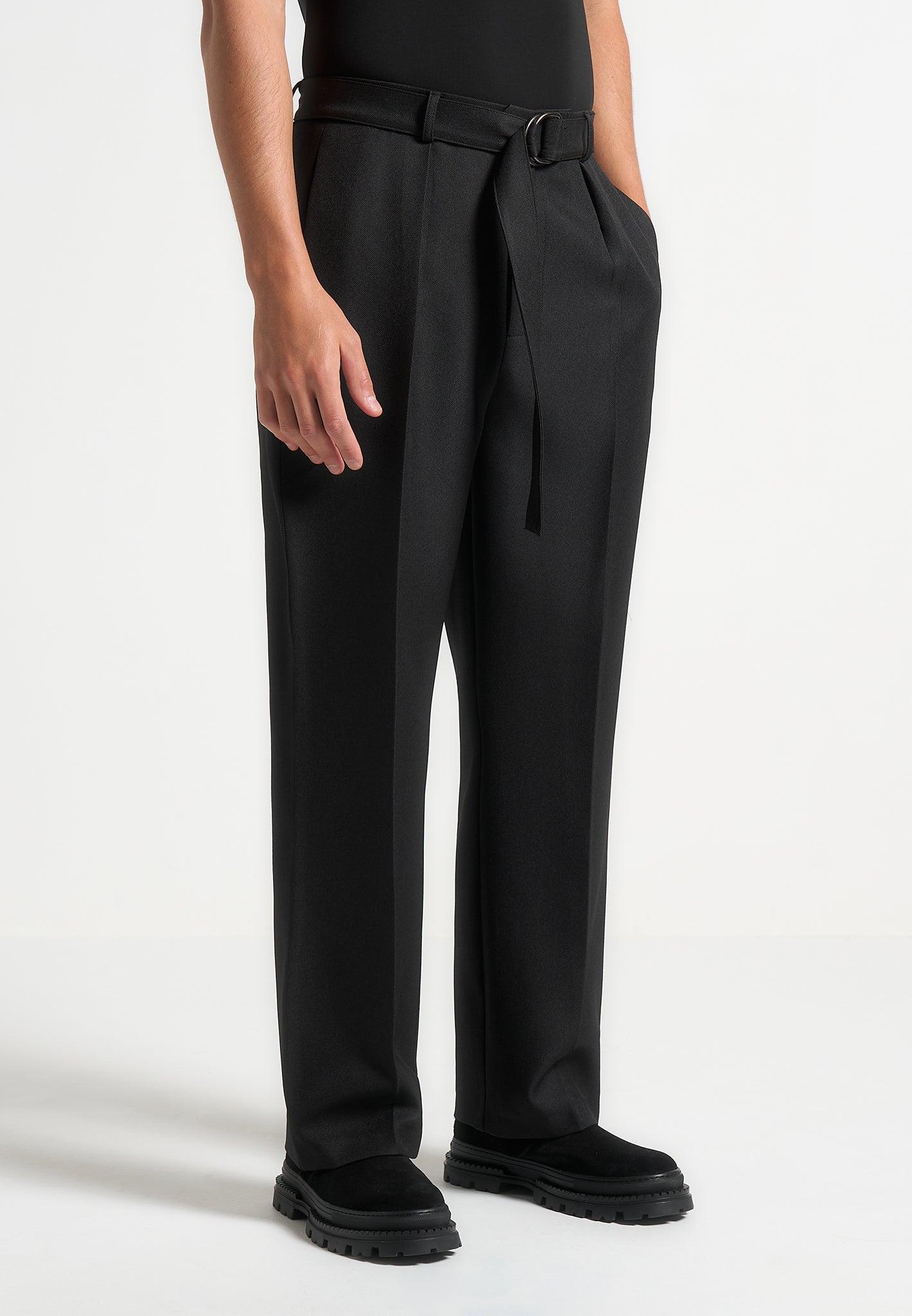 Relaxed Fit Textured Belted Tailored Trousers - Black Male Product Image