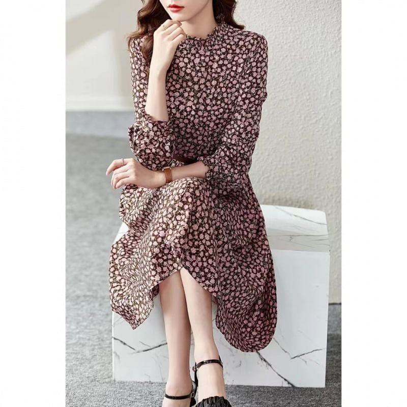 High Neck Long Sleeve Floral Print Midi A-Line Dress Product Image