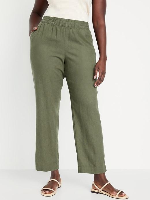 High-Waisted Linen-Blend Straight Pants Product Image