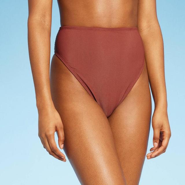 Womens Ribbed High Waist High Leg Cheeky Bikini Bottom - Wild Fable Rust XL, Red Product Image