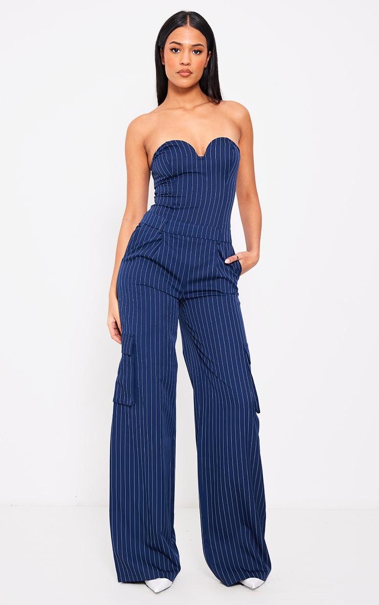 Tall Navy Pinstripe Bandeau Wide Leg Jumpsuit Product Image