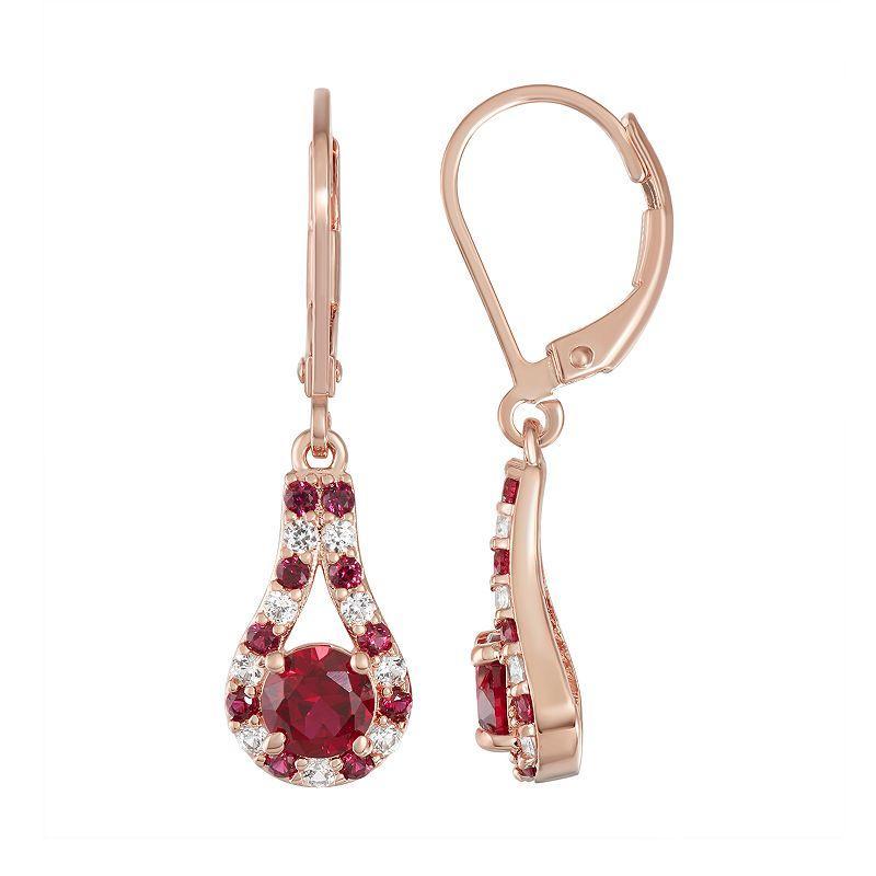 14K Rose Gold over Sterling Silver Lab-Created Ruby & White Sapphire Earrings, Womens, Pink Tone Product Image