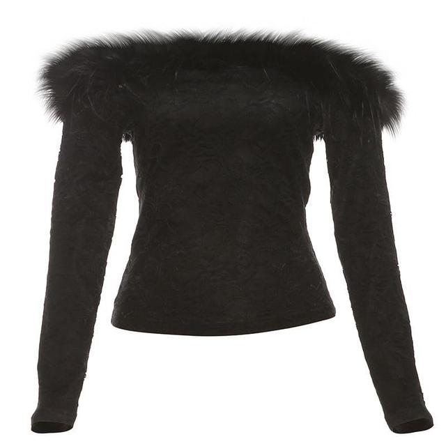 Long Sleeve Off-Shoulder Furry-Trim Plain Open-Back Slim-Fit Crop Top Product Image