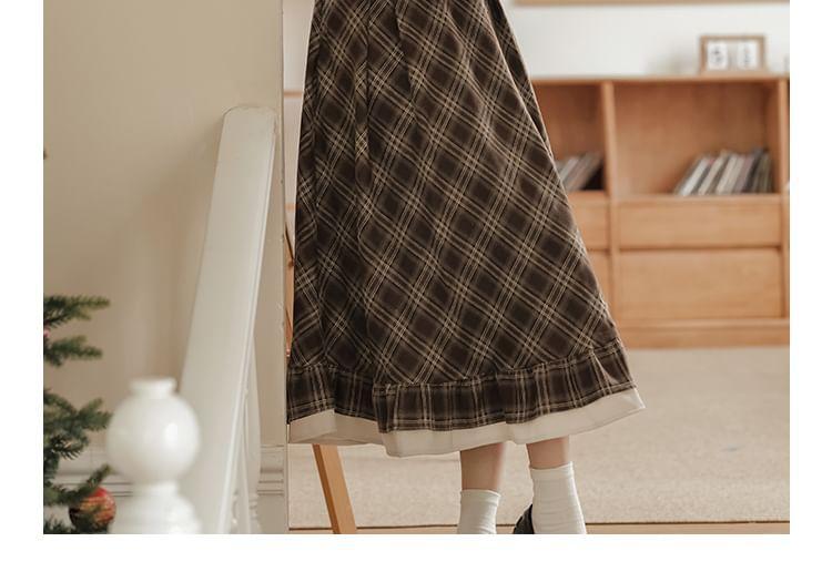 Long Sleeve Collared Plaid Ruffle Mock Two Piece Midi A-Line Dress Product Image