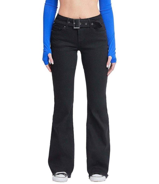 YMI Jeanswear Low Rise Denim Belt Frayed Hem Flare Jeans Product Image