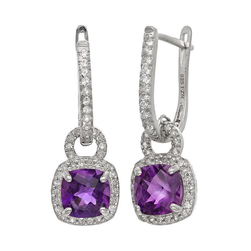 Sterling Silver Amethyst and Lab-Created White Sapphire Square Halo Drop Earrings, Womens, Multi Product Image