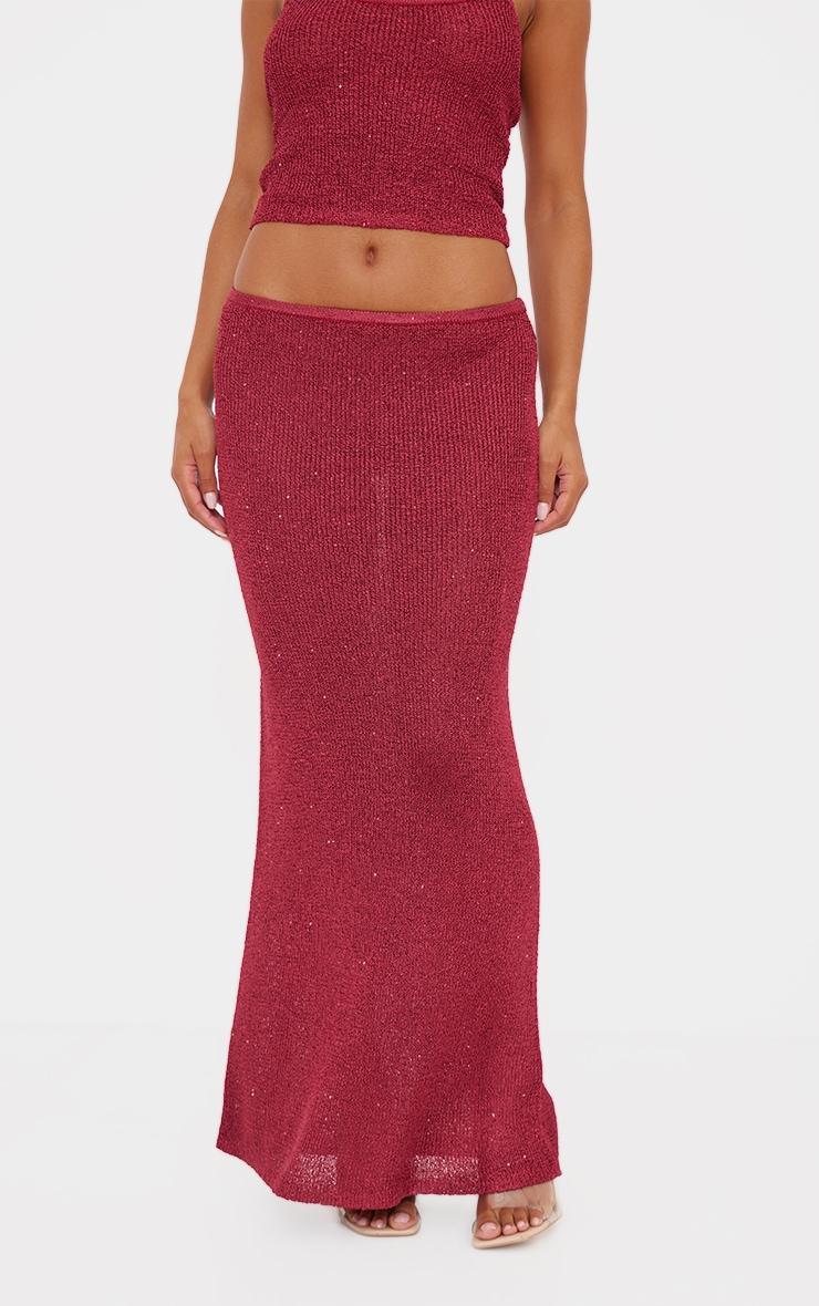 Wine Sequin Knit Maxi Skirt Product Image