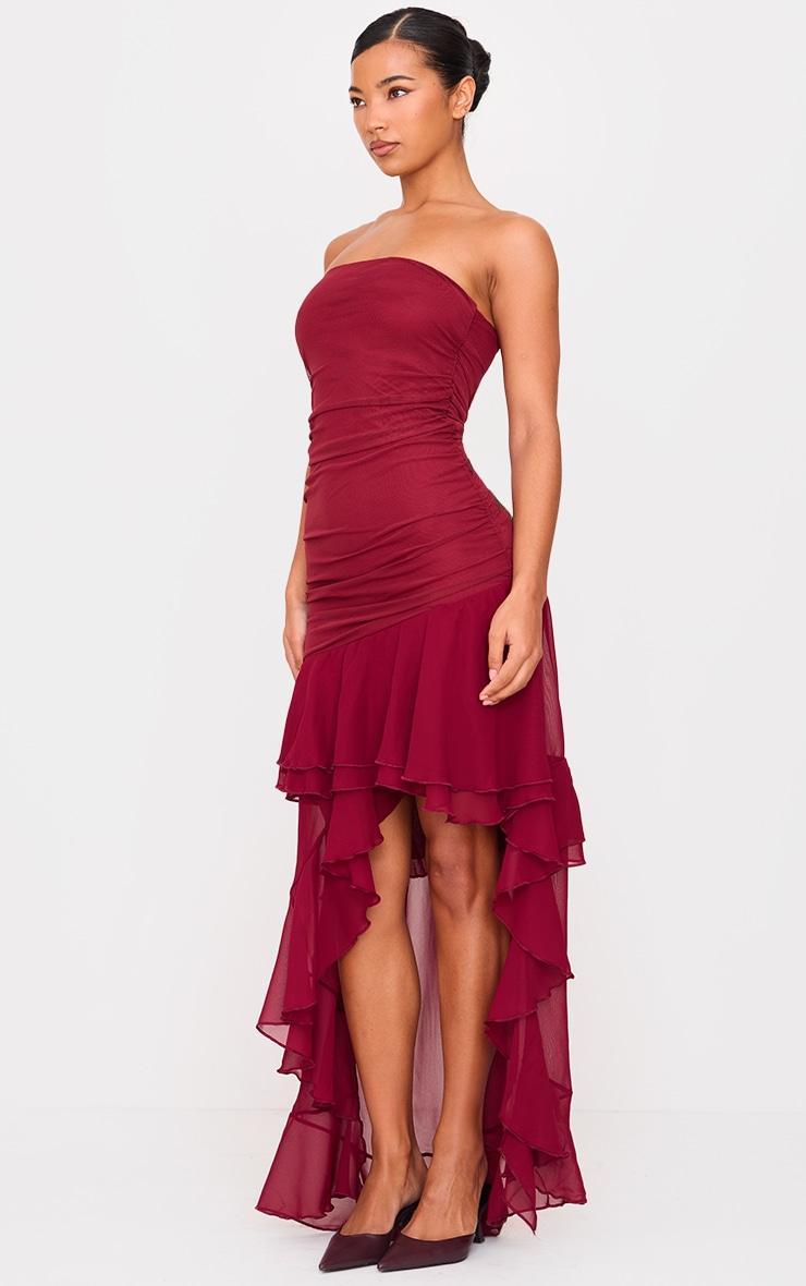 Burgundy Mesh Ruffle Detail Maxi Dress Product Image