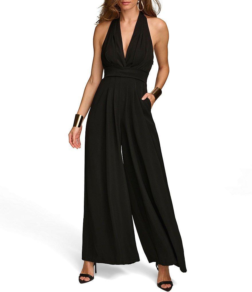 Donna Karan Sleeveless Halter V-Neck Wide Leg Jumpsuit Product Image