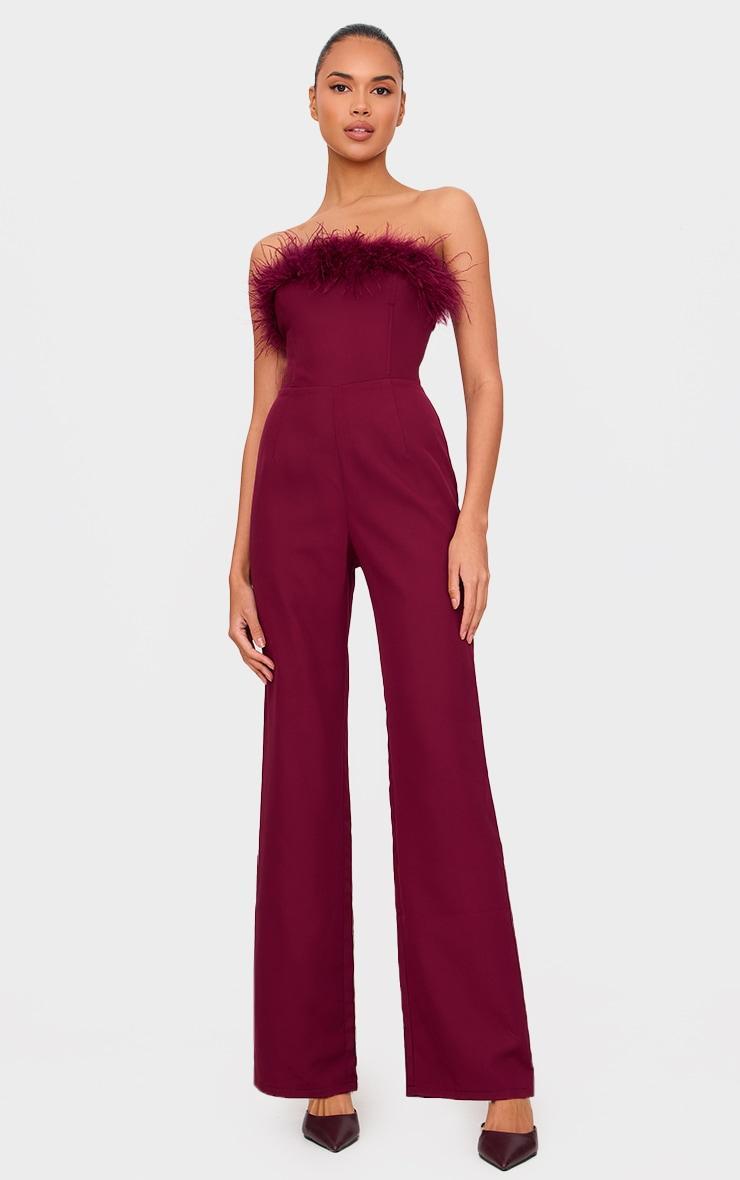 Burgundy Faux Fur Bandeau Straight Leg Jumpsuit Product Image