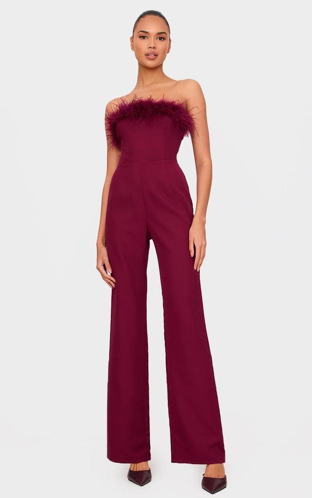 Burgundy Faux Fur Bandeau Straight Leg Jumpsuit Product Image