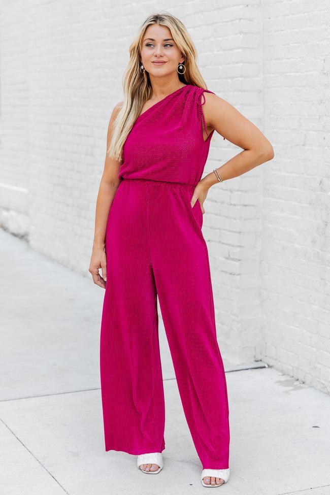 Believe Me Berry One Shoulder Plisse Jumpsuit FINAL SALE Product Image