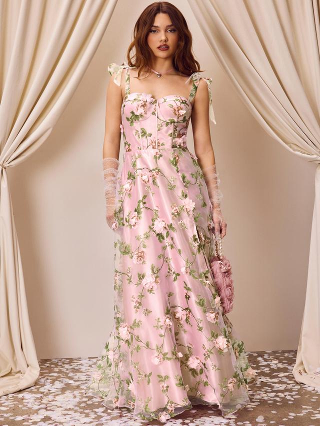 Sweetheart Floral Knotted Corset Tulle Maxi Dress Product Image