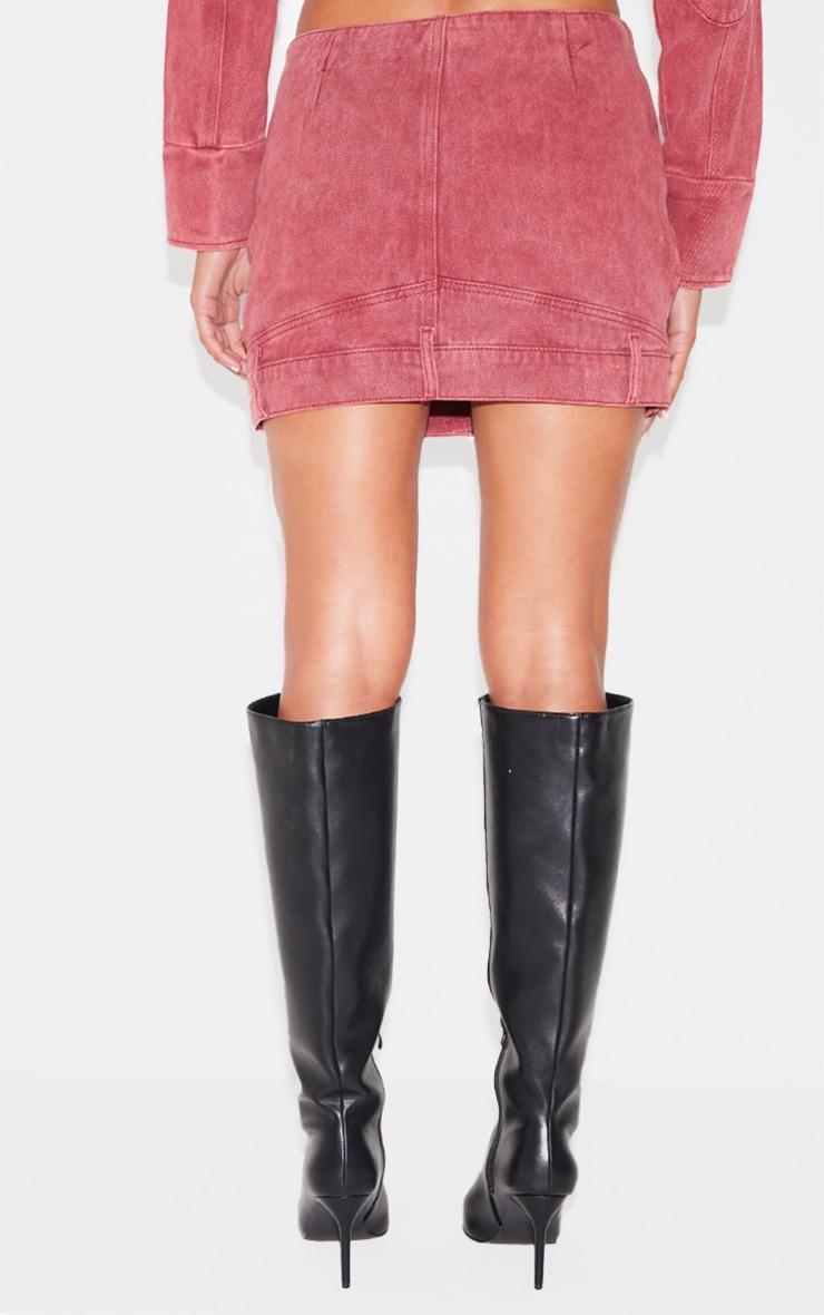 Washed Red Buckle Detail Denim Mini Skirt Product Image