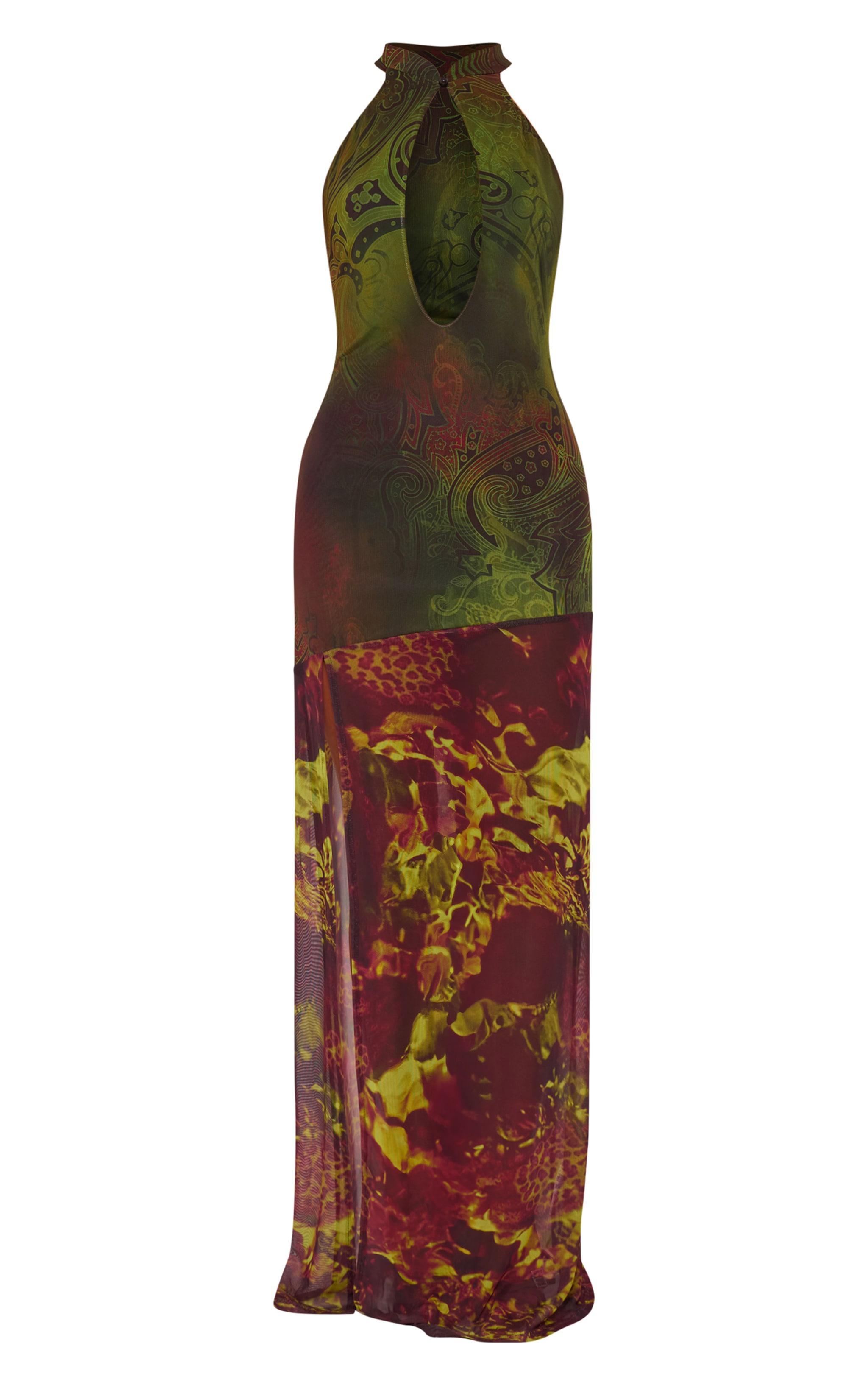 Green Print Mesh Extreme Cut Out Maxi Dress Product Image