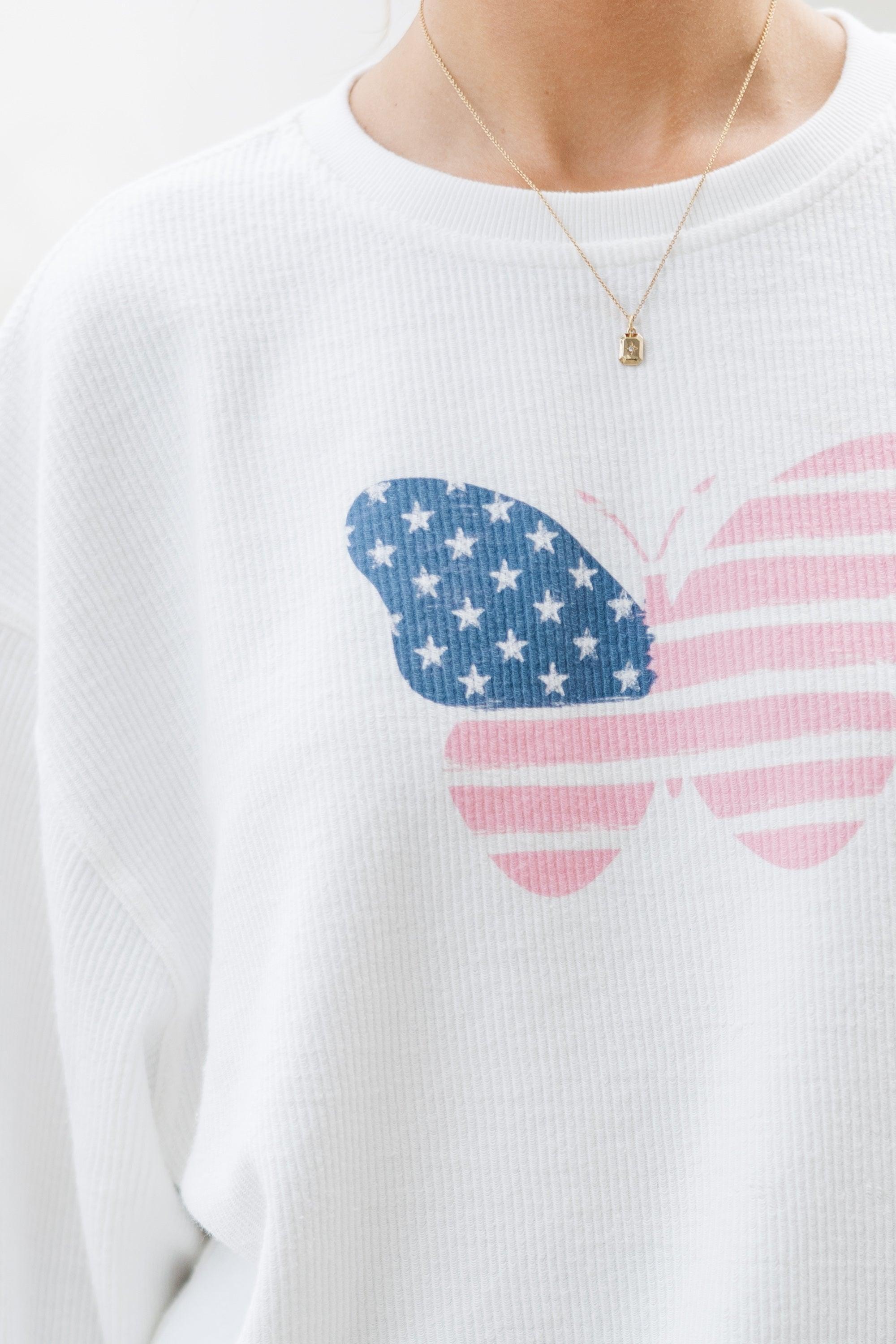 USA Pink Butterfly White Graphic Corded Sweatshirt Female Product Image