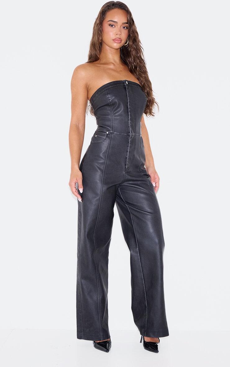 Black Faux Leather Bandeau Lace Back Straight Leg Jumpsuit Product Image