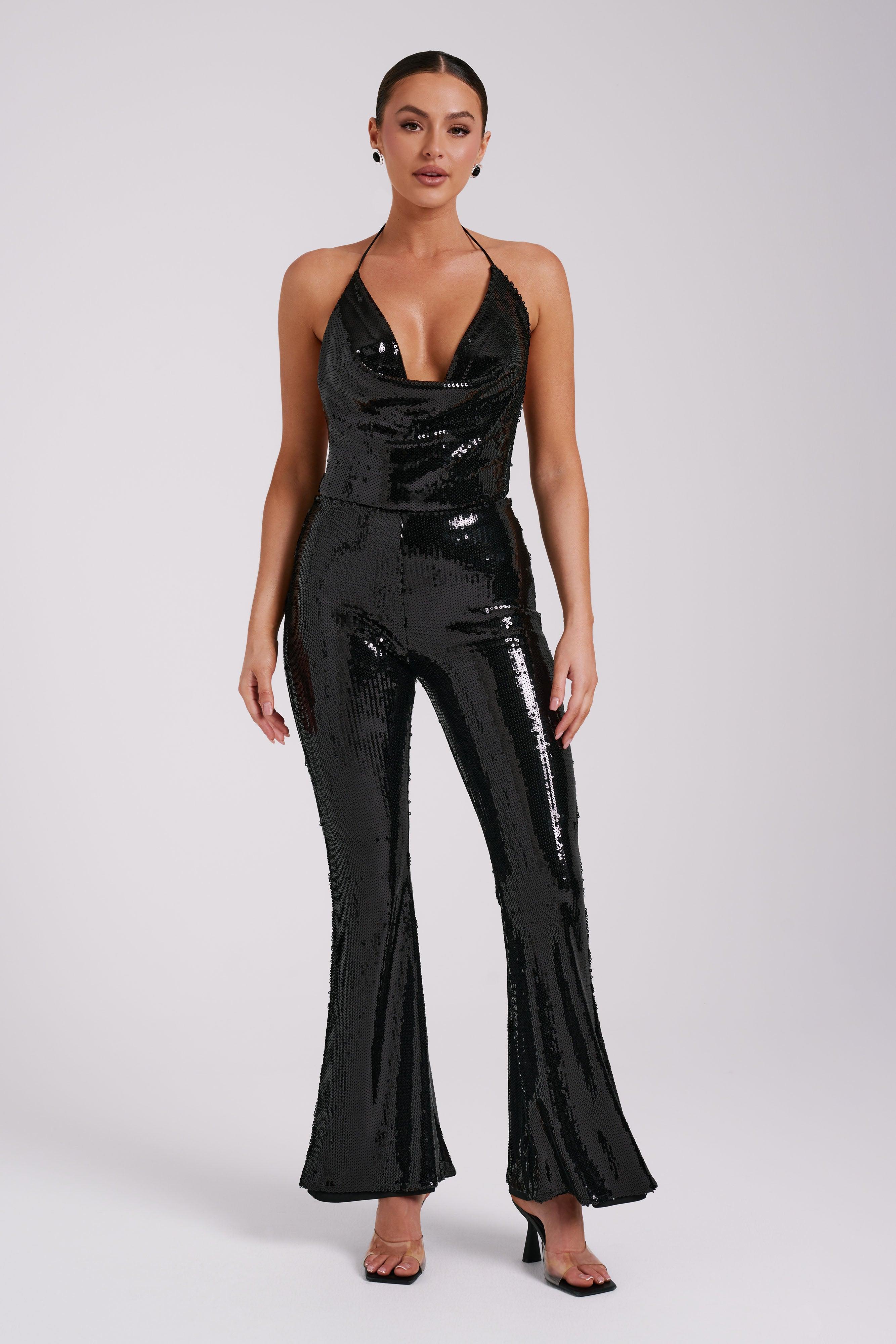 Wilma Wide Leg Sequin Pants - Black Product Image