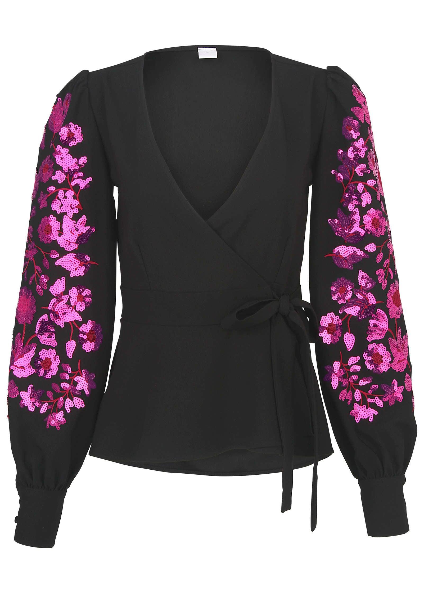 Sequin Sleeve Detail Blouse - Black Multi Product Image