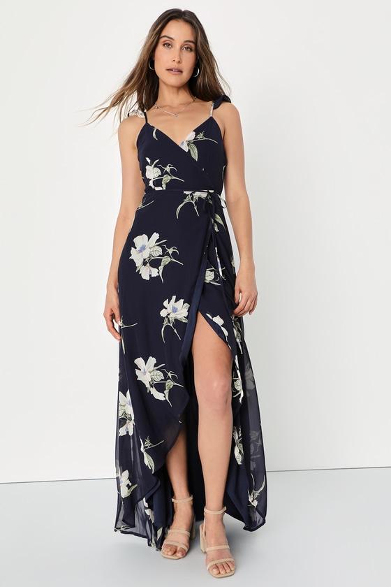 All Mine Navy Blue Floral Print High-Low Wrap Dress Product Image