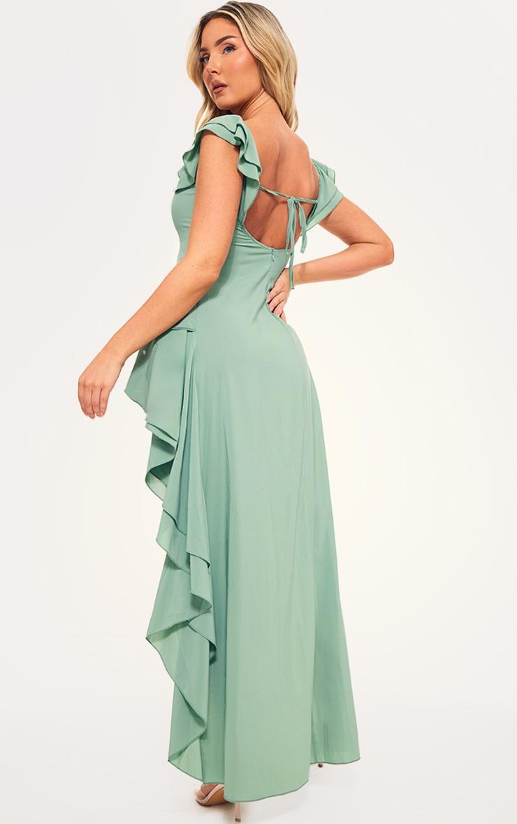 Sage Green Bardot Ruffle Detail Midi Dress Product Image