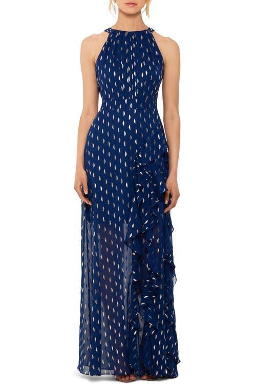 Betsy & Adam Metallic Clip Dot Ruffle Halter Neck Chiffon Gown Product Image