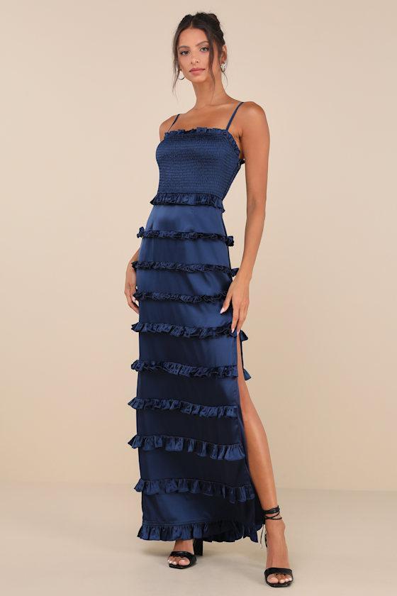 Sincerely Fabulous Navy Blue Satin Smocked Ruffled Maxi Dress Product Image