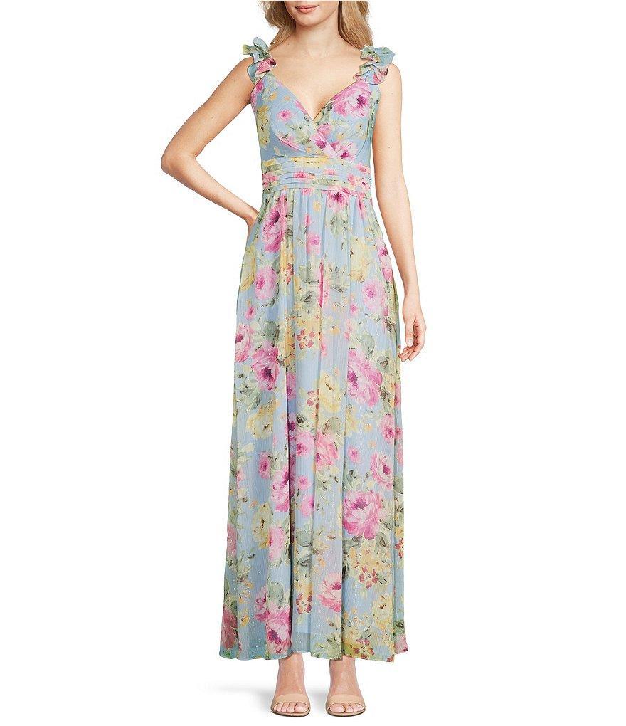 Jessica Howard Sleeveless V-Neck Ruffle Floral Chiffon Maxi Dress Product Image