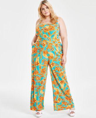 Trendy Plus Size Floral Wide-Leg Knit Jumpsuit, Created for Macy's Product Image