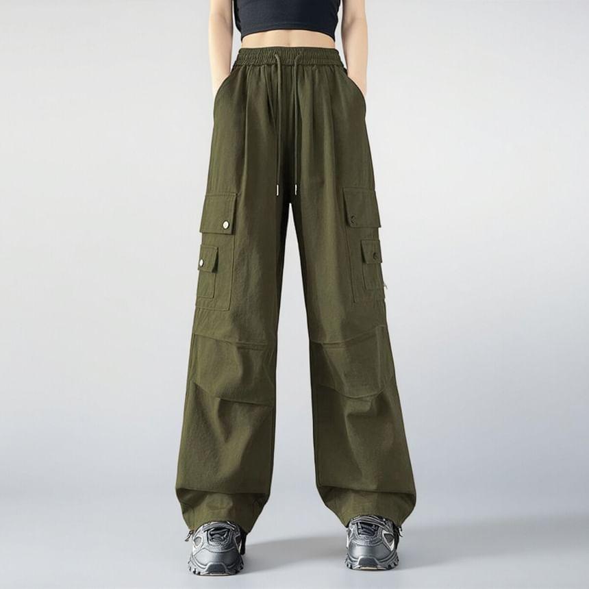 Drawstring Waist Plain Wide Leg Cargo Pants Product Image