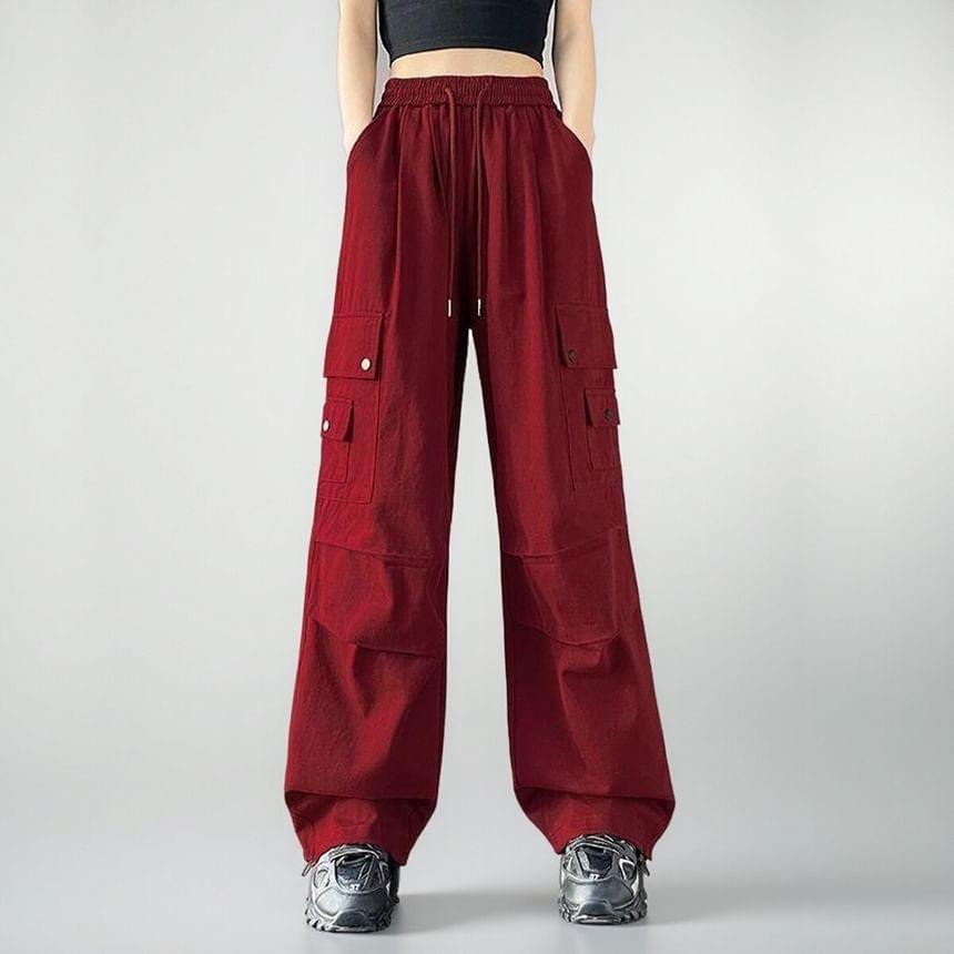 Drawstring Waist Plain Wide Leg Cargo Pants Product Image