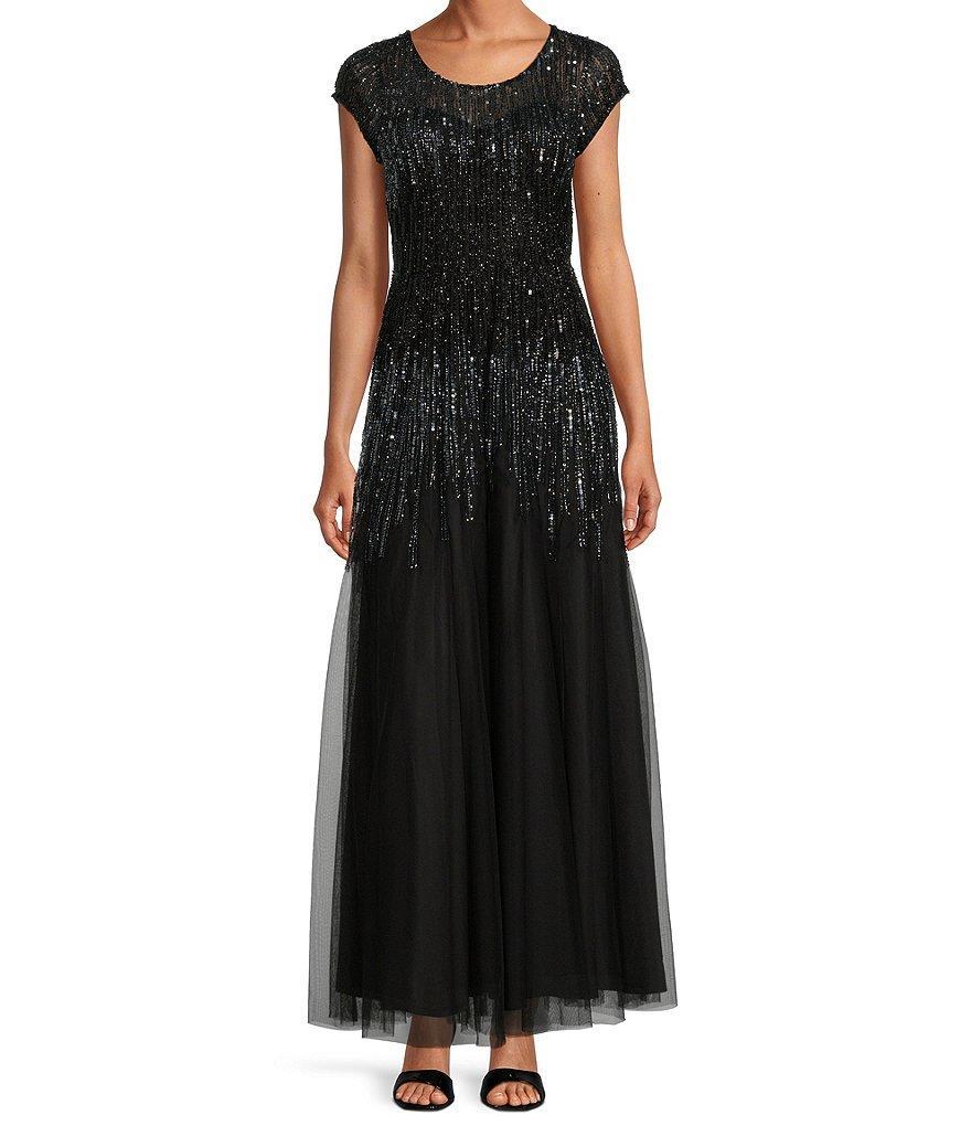 Pisarro Nights Petite Size Boat Neck Short Sleeve Beaded Gown Product Image