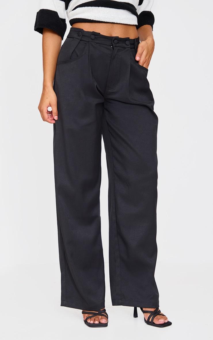 Black Woven Waistband Detail Tailored Straight Leg Pants Product Image