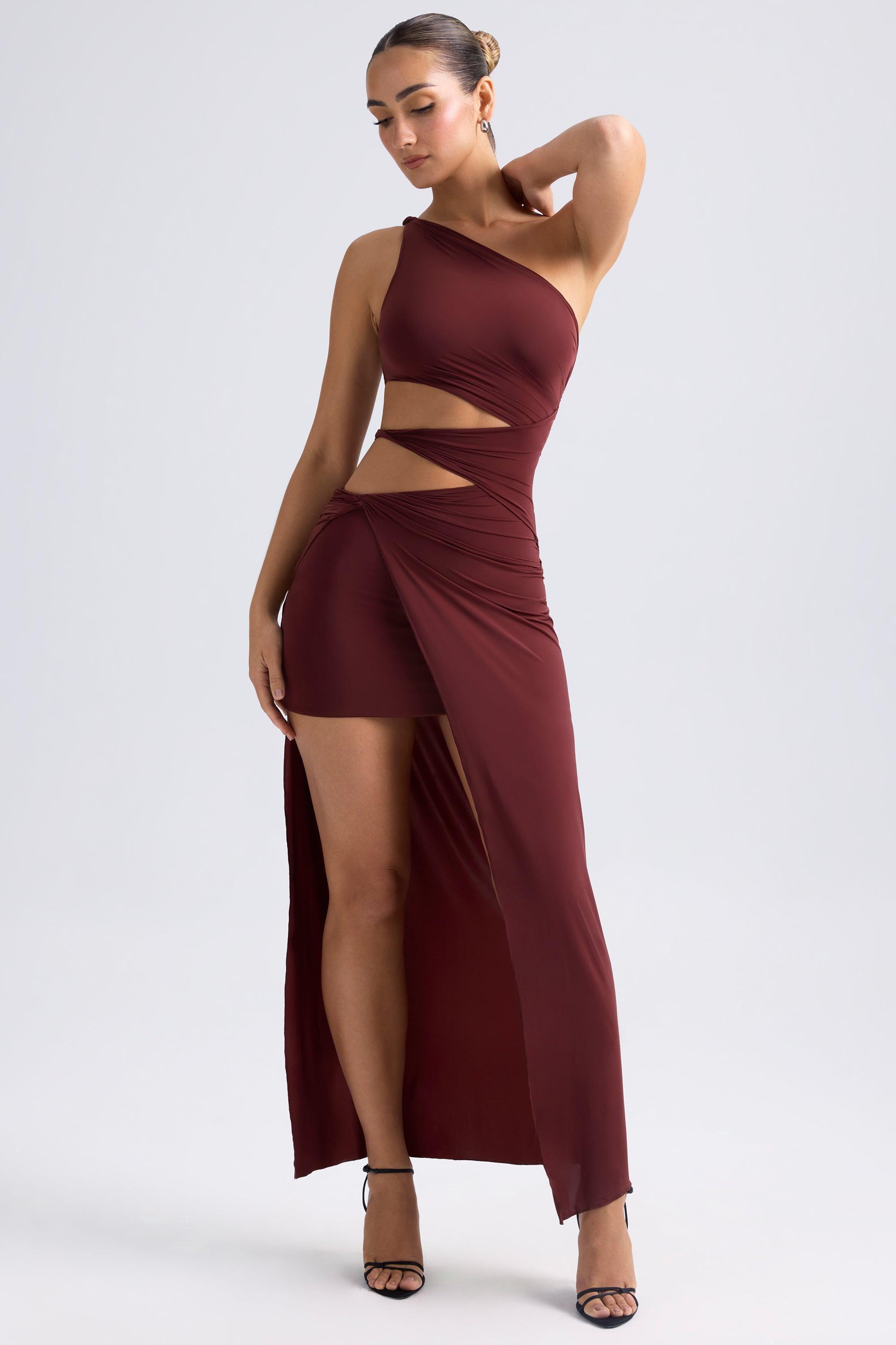 One-Shoulder Draped Cut-Out Maxi Dress in Chestnut Brown Product Image