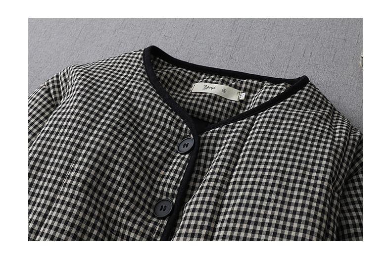 V-Neck Plaid Padded Button Jacket Product Image