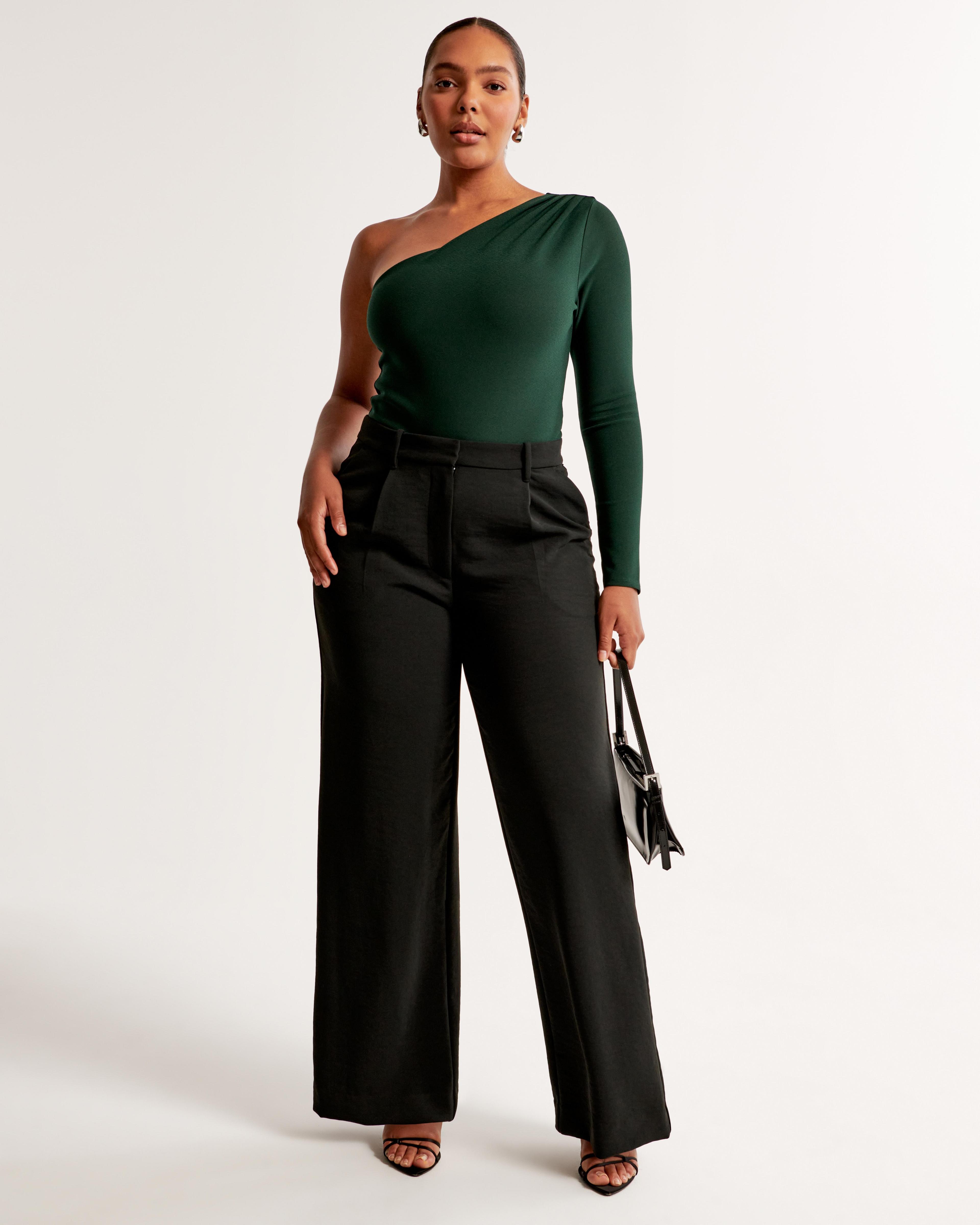 Long-Sleeve Crepe Asymmetrical One-Shoulder Bodysuit Product Image