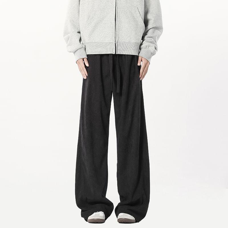 Drawstring Waist Plain Corduroy Wide Leg Pants Product Image