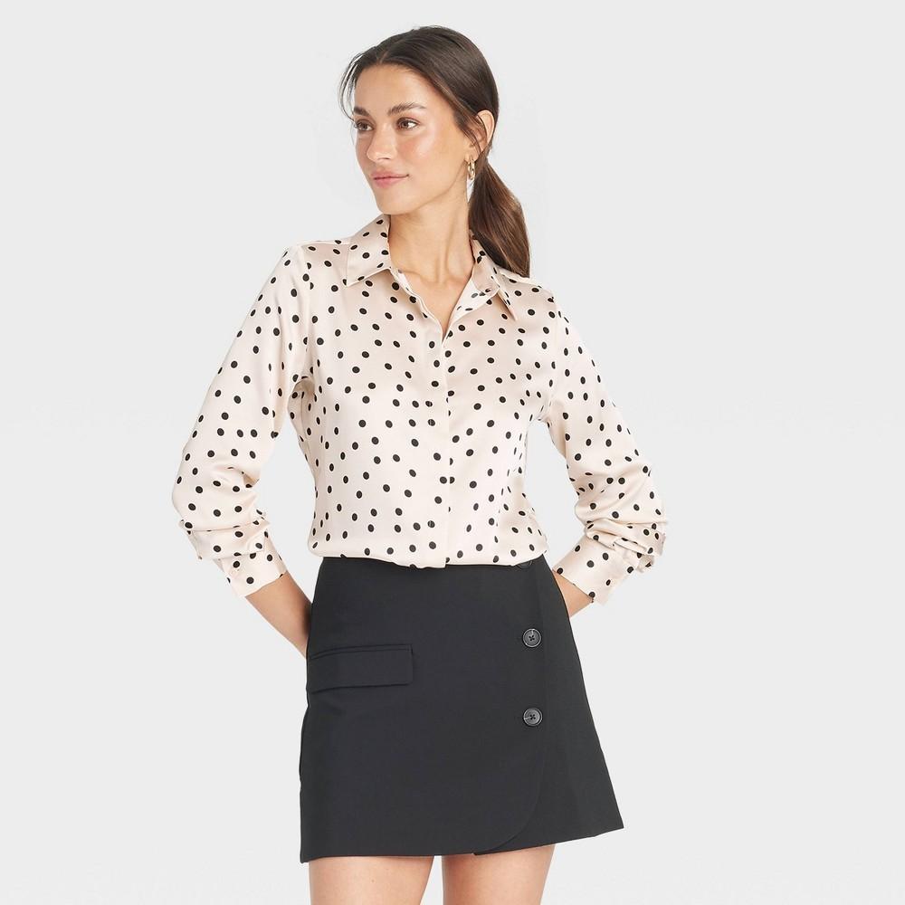 Womens Long Sleeve Button-Down Satin Shirt - A New Day Cream/Black Polka Dots XL Product Image