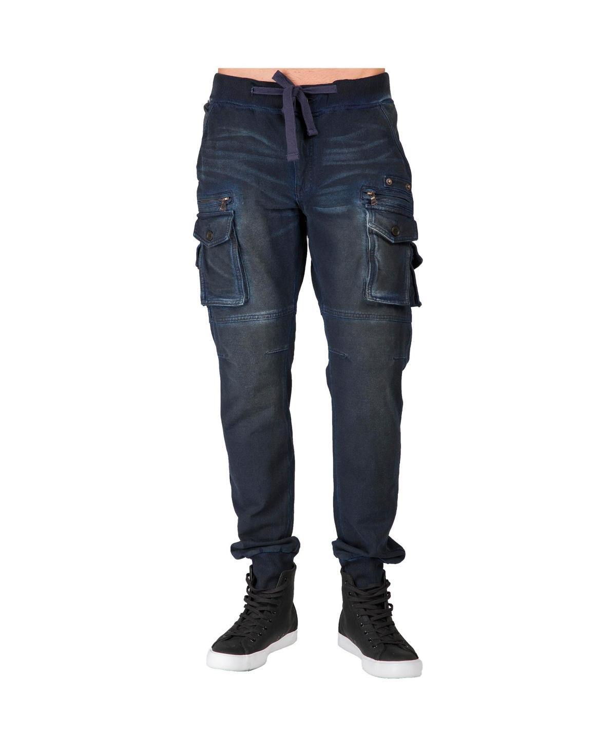 Mens Premium Knit Denim Jogger Jeans Indigo Vintage-like Cargo Zipper Pockets Product Image