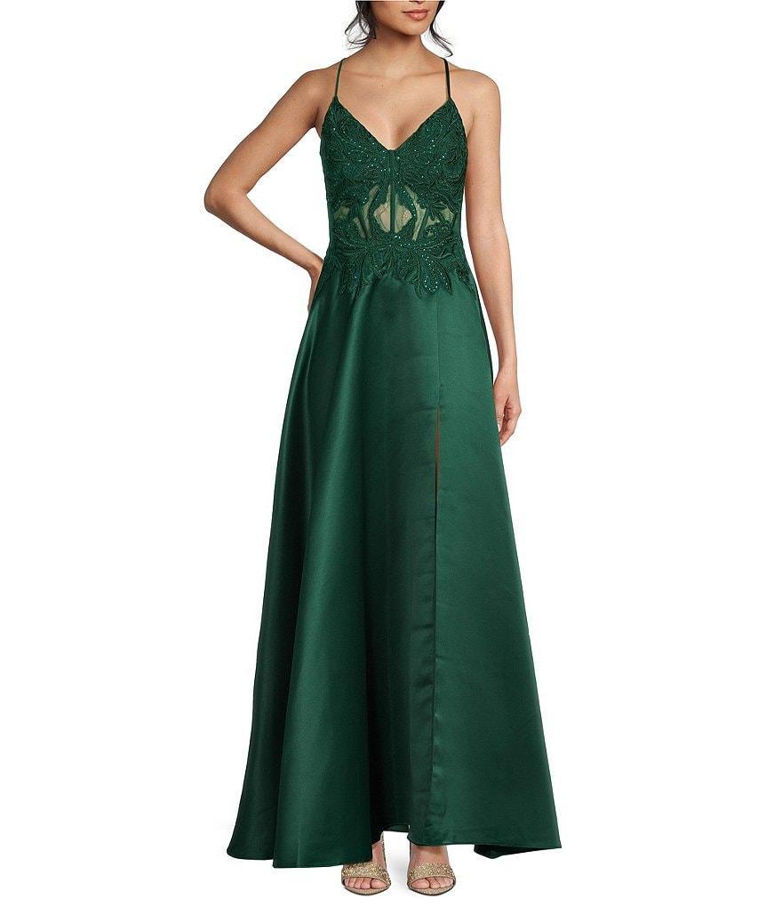 Corset Illusion Bodice Satin Long Dress Product Image