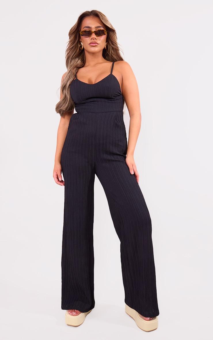 Black Strappy Textured Jumpsuit Product Image