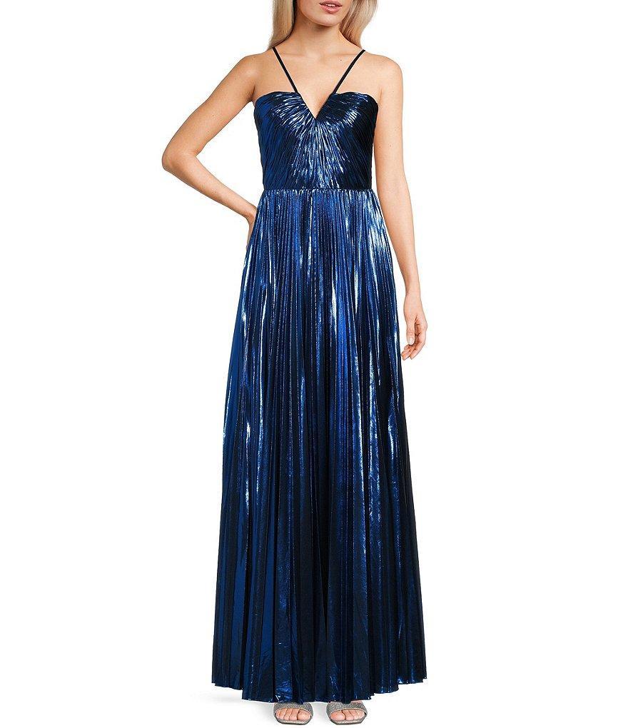 GB Social Pleated Metallic Split Neck Long Dress Product Image