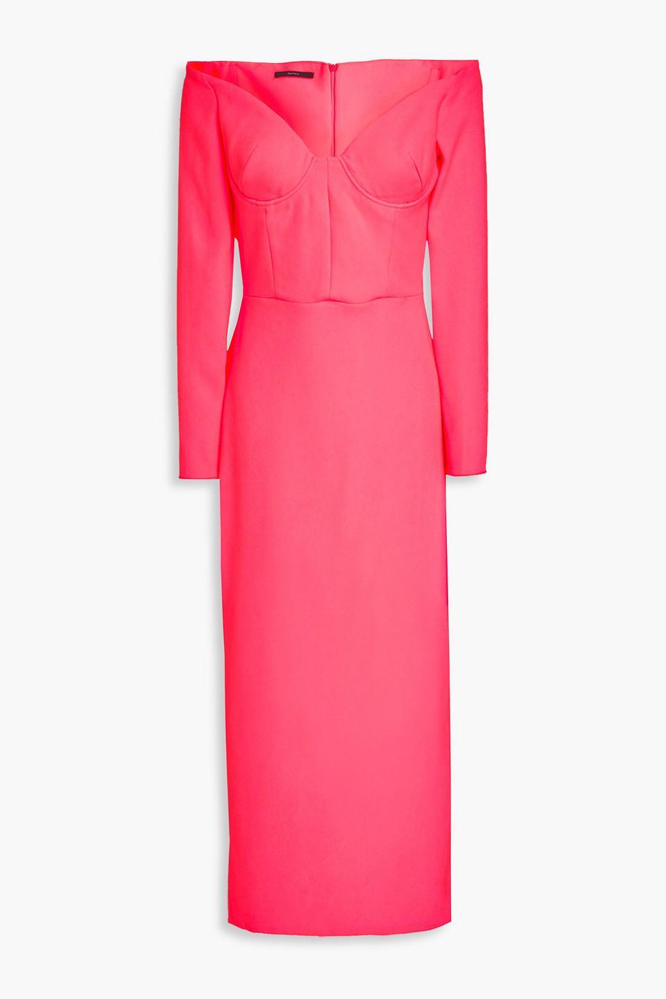 Off-the-shoulder Neon Crepe Midi Dress In Bubblegum Product Image