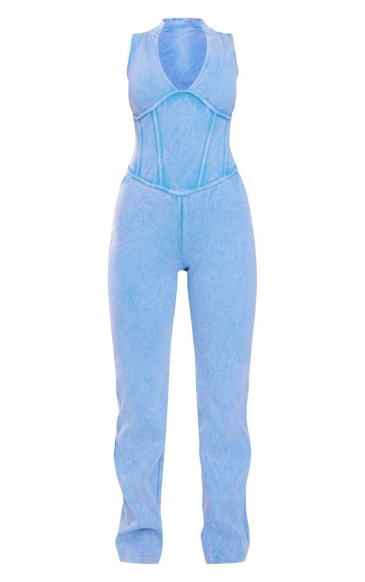 Blue Seam Detail Straight Leg Rib Jumpsuit Product Image